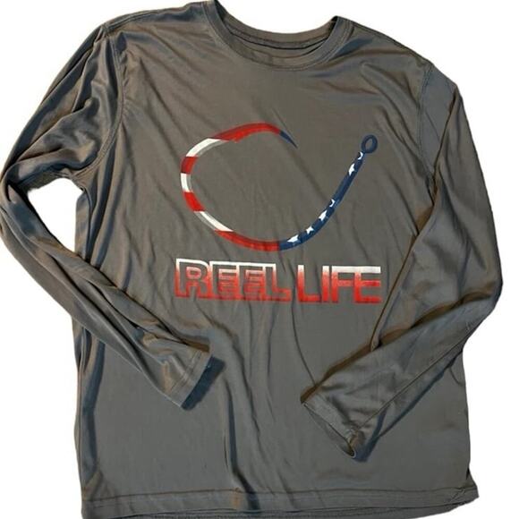 REEL LIFE, gray fishing top, long sleeve, crew neck, polyester Men's size L - Picture 1 of 8
